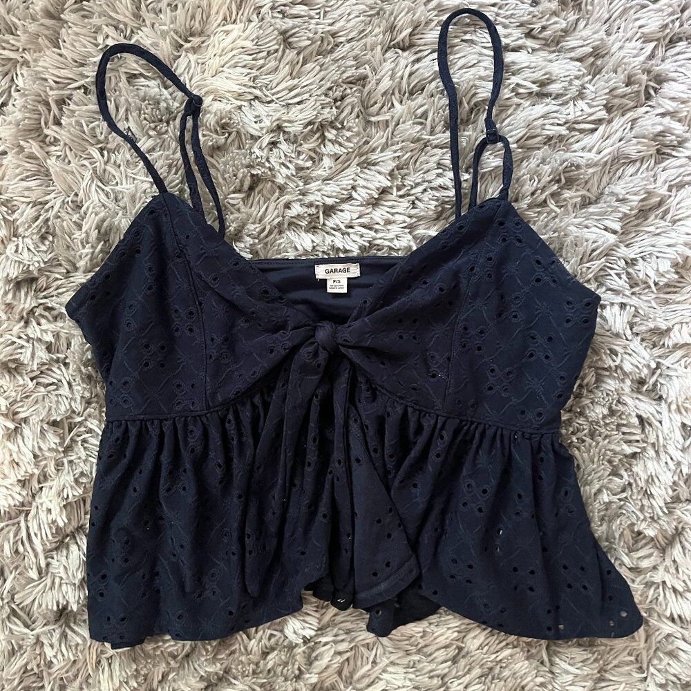 Garage Navy Babydoll Tie-Front Top
